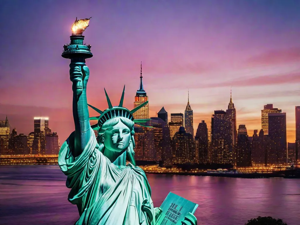 Uma imagem vibrante da Estátua da Liberdade erguendo-se majestosamente contra o cenário do horizonte da cidade de Nova York. O símbolo icônico representa liberdade, oportunidade e a cultura diversa dos Estados Unidos. A imagem captura a energia e a emoção desse país dinâmico.