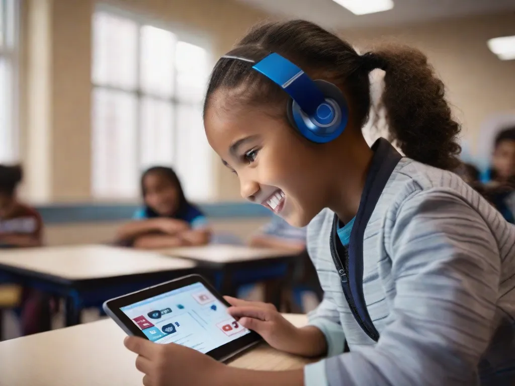 Uma imagem em close-up de um estudante usando um tablet em uma sala de aula, com um aplicativo educacional virtual exibido na tela. O rosto do estudante mostra uma expressão de empolgação e envolvimento enquanto interage com os materiais de aprendizagem interativos, destacando os benefícios das tecnologias educacionais na sala de aula.