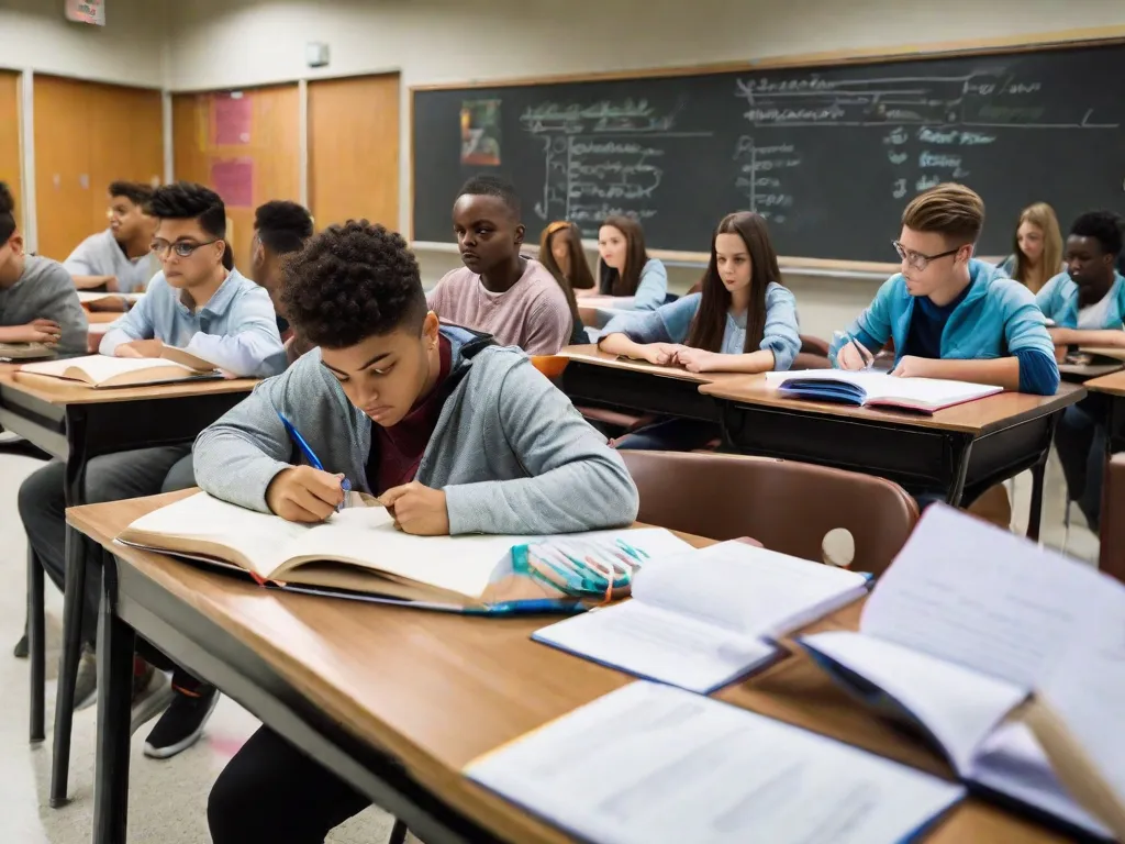 Descrição da imagem: Um grupo de estudantes sentados em carteiras em uma sala de aula, concentrados e engajados nos estudos. Eles têm livros didáticos, cadernos e canetas na frente deles. A sala está bem iluminada, com um quadro branco na frente exibindo equações e diagramas. Os estudantes estão determinados e motivados, se preparando para o exame do ENEM.