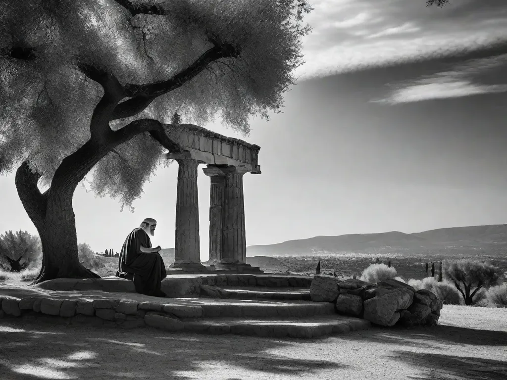 Uma imagem em preto e branco de um filósofo grego, sentado em um banco de pedra sob a sombra de uma grande oliveira. Ele está imerso em pensamentos, com a mão apoiada no queixo, contemplando os mistérios do universo. As ruínas antigas de um templo podem ser vistas ao fundo, simbolizando a rica história e sabedoria da filosofia ant