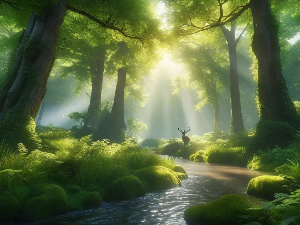 Uma imagem vibrante mostra uma floresta verde exuberante, com árvores altas que se estendem em direção ao céu. A luz do sol atravessa as folhas, criando um jogo hipnotizante de luz e sombra. Um rio claro flui pacificamente, refletindo a natureza ao redor. Vários animais, como pássaros e veados, coexistem harmoniosamente nesse