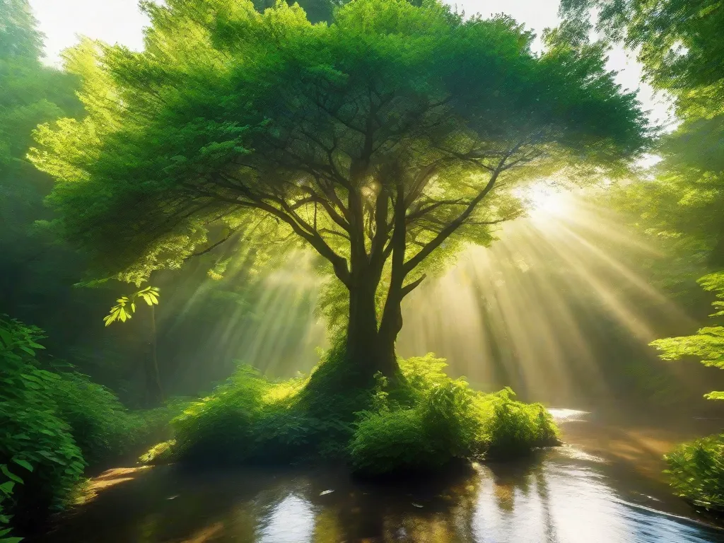 Uma imagem vibrante de uma floresta verde exuberante, com raios de sol filtrando através da densa copa. O ecossistema diversificado está repleto de vida, desde pássaros coloridos voando pelas copas das árvores até pequenos animais correndo pelo chão da floresta. Isso representa a beleza e a importância de preservar nosso ambiente natural.