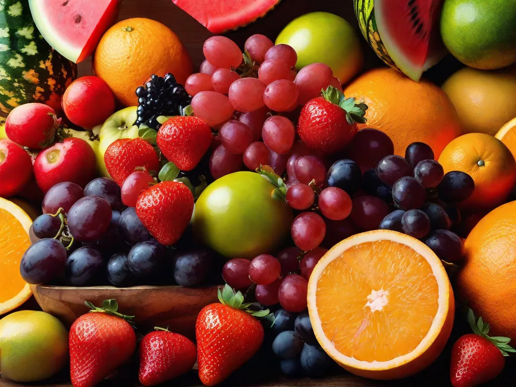 Uma imagem vibrante mostrando uma variedade de frutas coloridas dispostas em uma exibição abundante. Laranjas maduras, melancias suculentas, morangos suculentos e uvas deliciosas são apresentados artisticamente, representando a essência do frudivorismo - um estilo de vida centrado no consumo de frutas frescas e naturais para uma saúde e bem-estar ótimos.