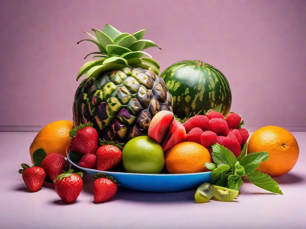 Uma imagem vibrante de uma variedade colorida de frutas, cuidadosamente arranjadas em uma bela tigela de frutas. A seleção inclui suculentas laranjas, morangos maduros, uvas suculentas e fatias refrescantes de melancia. A imagem captura a essência do frudivorismo, promovendo um estilo de vida saudável e baseado em plantas.