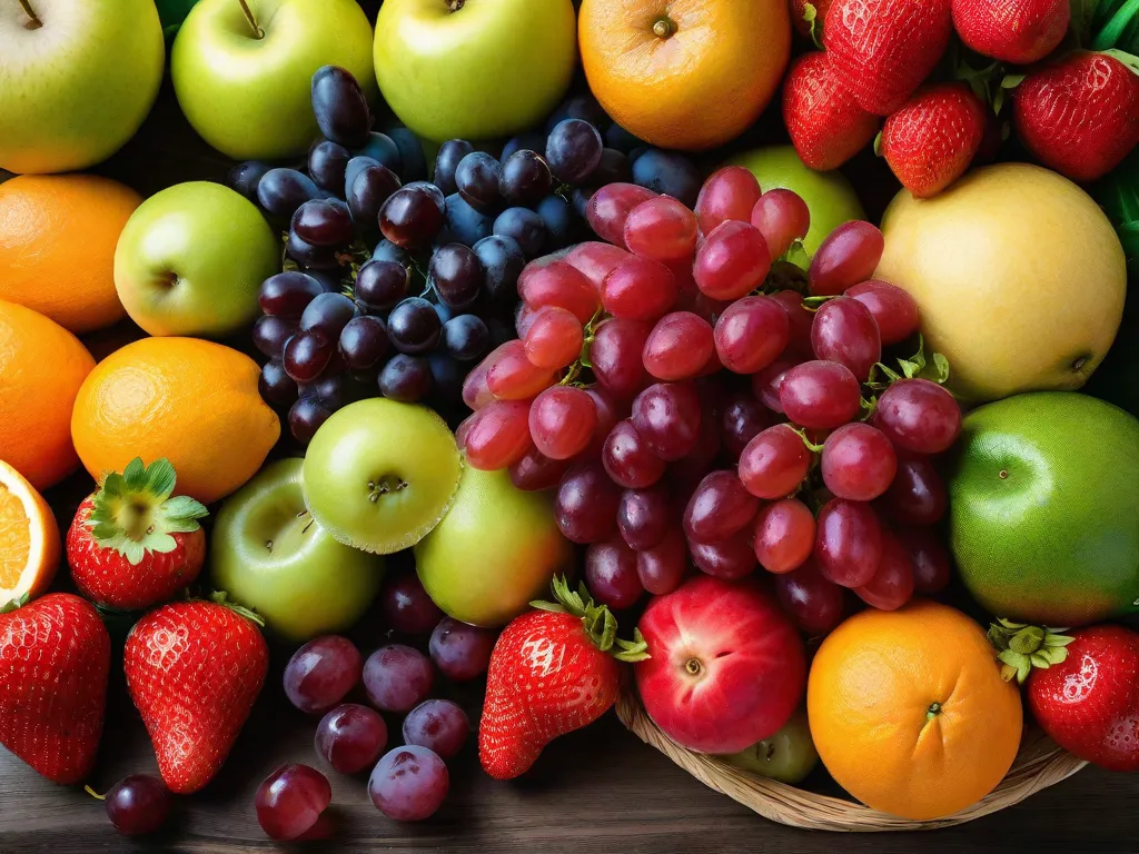 Descrição da imagem: Uma variedade vibrante e colorida de frutas frescas dispostas em uma bela exposição. A imagem mostra uma variedade de frutas, como morangos, laranjas, bananas, uvas e melancia, tentando o espectador com sua frescura e apelo natural. A disposição é visualmente atraente, destacando a diversidade e abundância de frutas que podem ser apreciadas como parte do