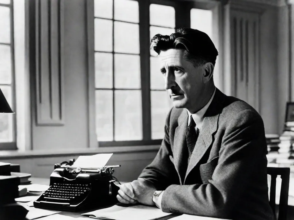 Descrição da imagem: Uma fotografia em preto e branco de George Orwell, um escritor e jornalista distinto, vestindo um terno e sentado em uma mesa. Ele está pensativo, com uma máquina de escrever na frente dele e uma pilha de papéis ao seu lado. A imagem captura sua natureza intelectual e contemplativa, refletindo seu compromisso com a verdade e comentário político.