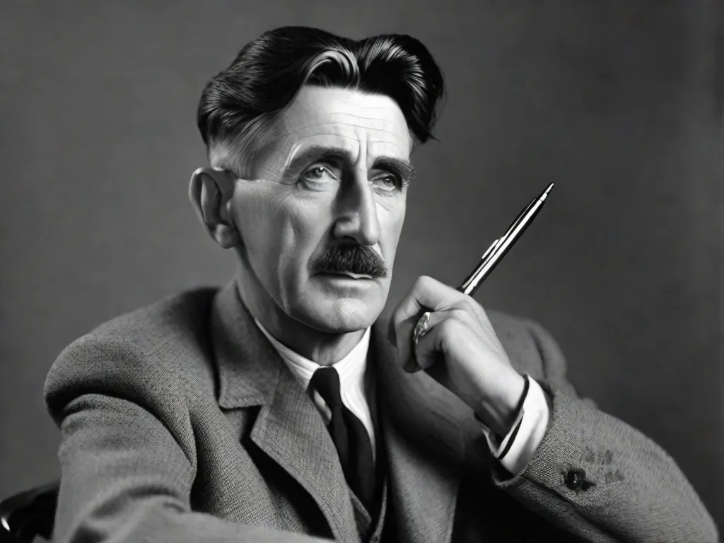 Descrição da imagem: Uma fotografia em preto e branco de George Orwell, um escritor e jornalista distinto, vestindo um terno e sentado em uma mesa. Ele está pensativo, com uma máquina de escrever na frente dele e uma pilha de papéis ao seu lado. A imagem captura sua natureza intelectual e contemplativa, refletindo seu compromisso com a verdade e comentário político.