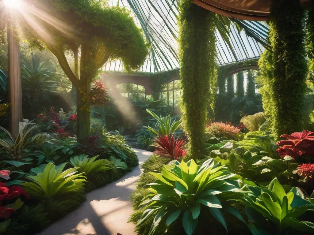 Uma imagem vibrante e exuberante de um jardim botânico, com uma variedade de plantas em diferentes formas, tamanhos e cores. A luz do sol se filtra pelas folhas, criando um belo jogo de luz e sombras. A imagem captura a serenidade e a beleza do verde da natureza.