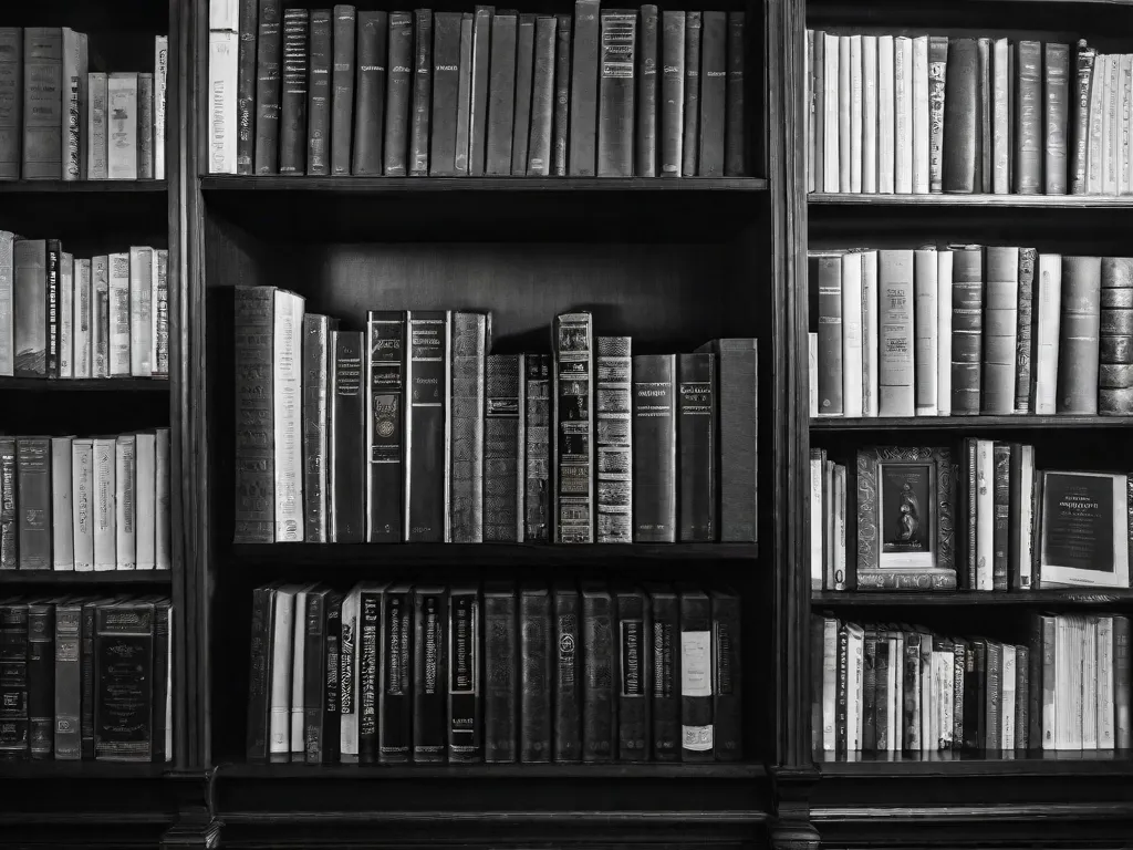 Tema: João Ubaldo Ribeiro

Descrição: Uma fotografia em preto e branco de uma estante cheia de clássicos da literatura, destacando as obras de João Ubaldo Ribeiro. Os livros estão arrumados de forma organizada, e o nome do autor se destaca nas lombadas, simbolizando sua significativa contribuição para a literatura brasileira.