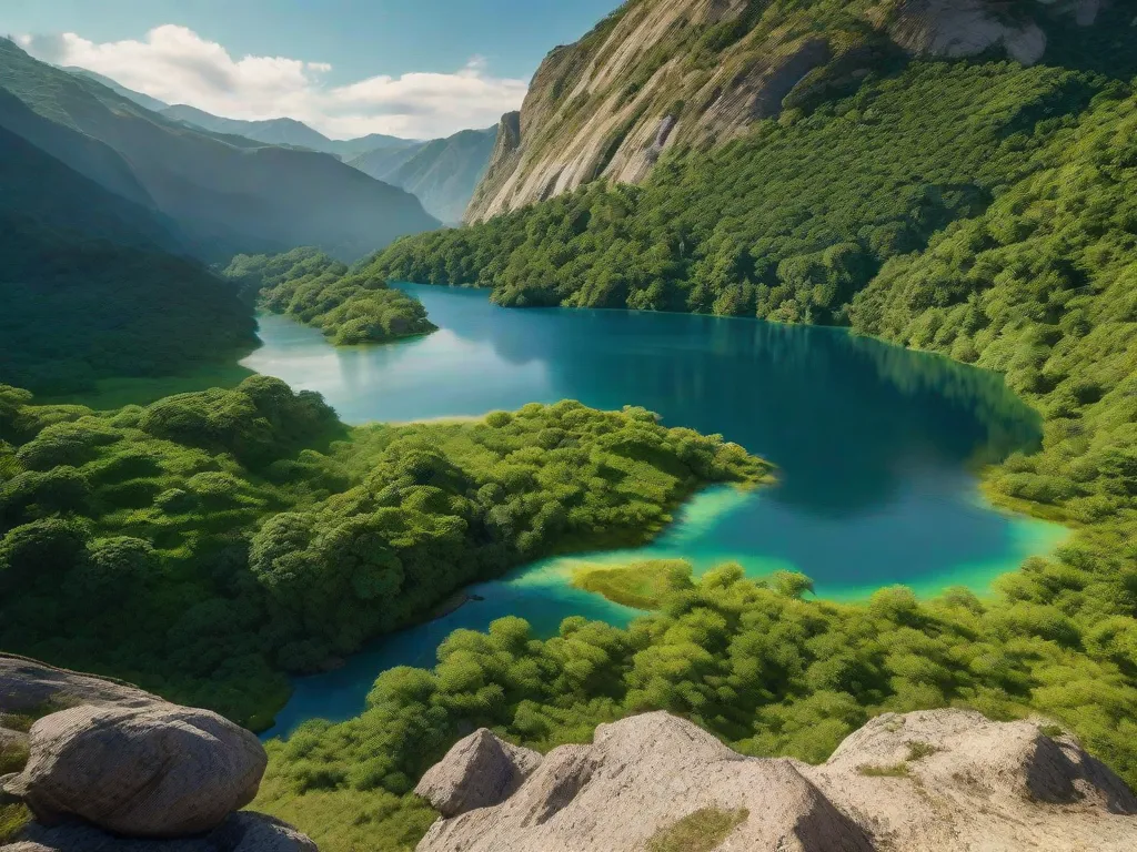 Descrição: Uma imagem vibrante mostrando um rio sereno que flui através de uma paisagem verde exuberante. A água cristalina reflete a luz do sol, enfatizando a importância dos direitos da água e da conservação. Um símbolo de vida, essa imagem representa a essencialidade da água para todos os seres vivos e a necessidade de proteger esse recurso precioso.