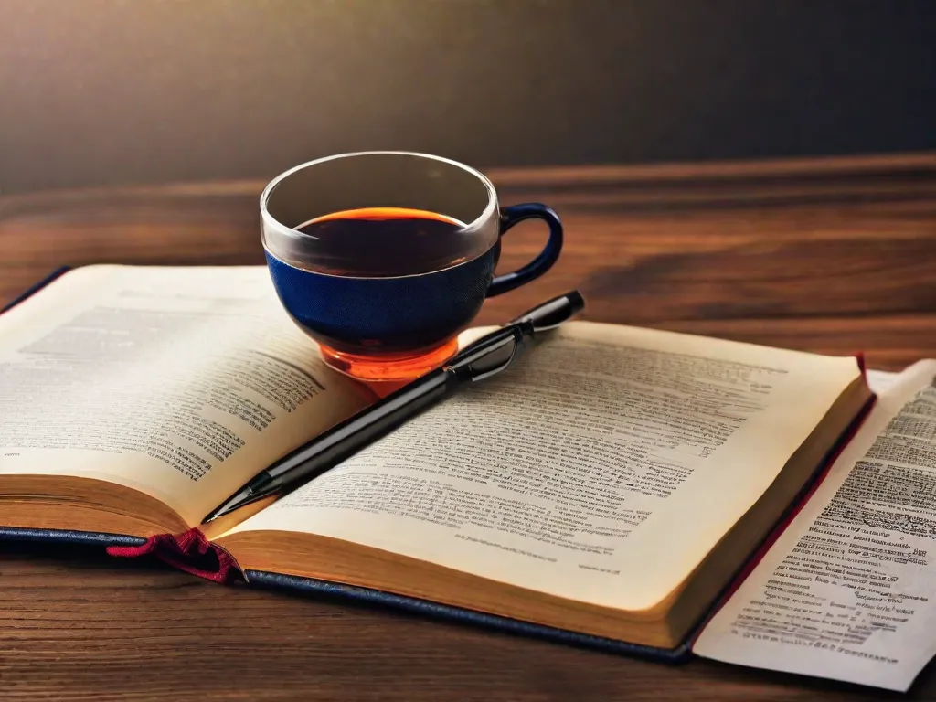 Descrição da imagem: Um close de uma pilha de livros em cima de uma mesa de madeira, com um dicionário colocado em cima. O dicionário está aberto na página que define termos econômicos, e uma caneta está descansando na página, indicando aprendizado ativo e estudo na área de economia.