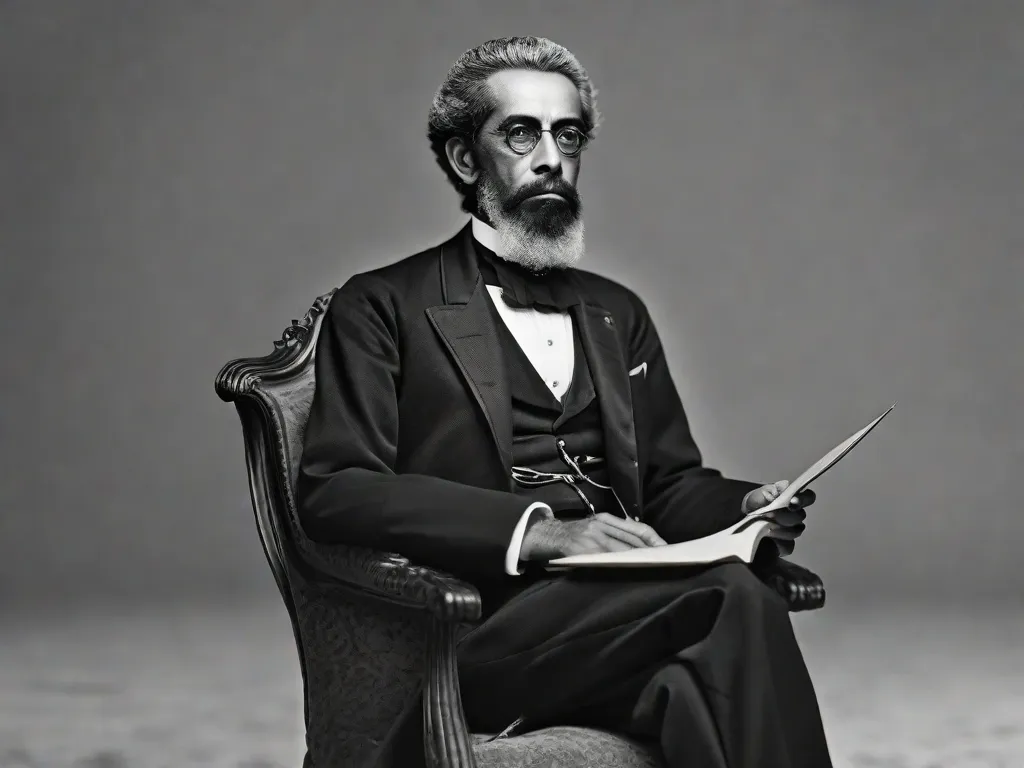 Um retrato em preto e branco de Joaquim Maria Machado de Assis, um ilustre escritor brasileiro. Ele é retratado com uma expressão contemplativa, vestindo um terno e segurando uma caneta, simbolizando seu gênio literário e contribuições para a literatura brasileira. A imagem captura sua profundidade intelectual e legado.