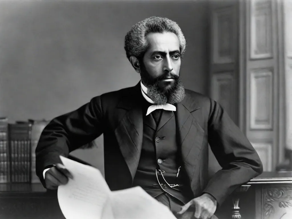 Uma imagem em preto e branco de Joaquim Maria Machado de Assis, um escritor brasileiro, sentado em uma mesa com uma pena de escrever na mão. Seu olhar intenso reflete sua profunda contemplação e a genialidade de suas obras literárias. A imagem captura a essência de seu talento intelectual e contribuição para a literatura brasileira.