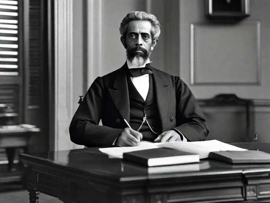 Um retrato em preto e branco de Joaquim Maria Machado de Assis, um escritor brasileiro e uma das maiores figuras da literatura brasileira. Ele está representado usando um terno formal, com uma expressão séria no rosto, refletindo sua habilidade intelectual e literária.