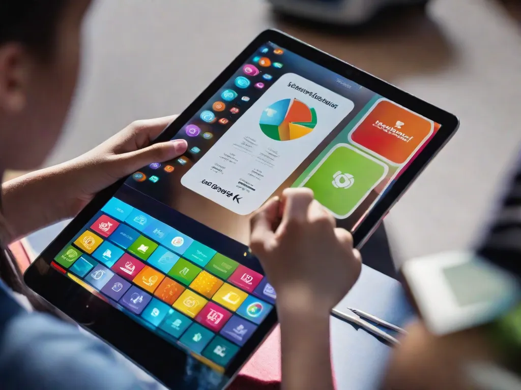Uma imagem em close-up da mão de um estudante segurando um tablet com um aplicativo educacional aberto. A tela mostra atividades interativas de aprendizado com gráficos coloridos, representando o uso da tecnologia na educação. A mão do estudante está ansiosa para explorar e aprender, simbolizando o impacto das tecnologias educacionais nas salas de aula modernas.