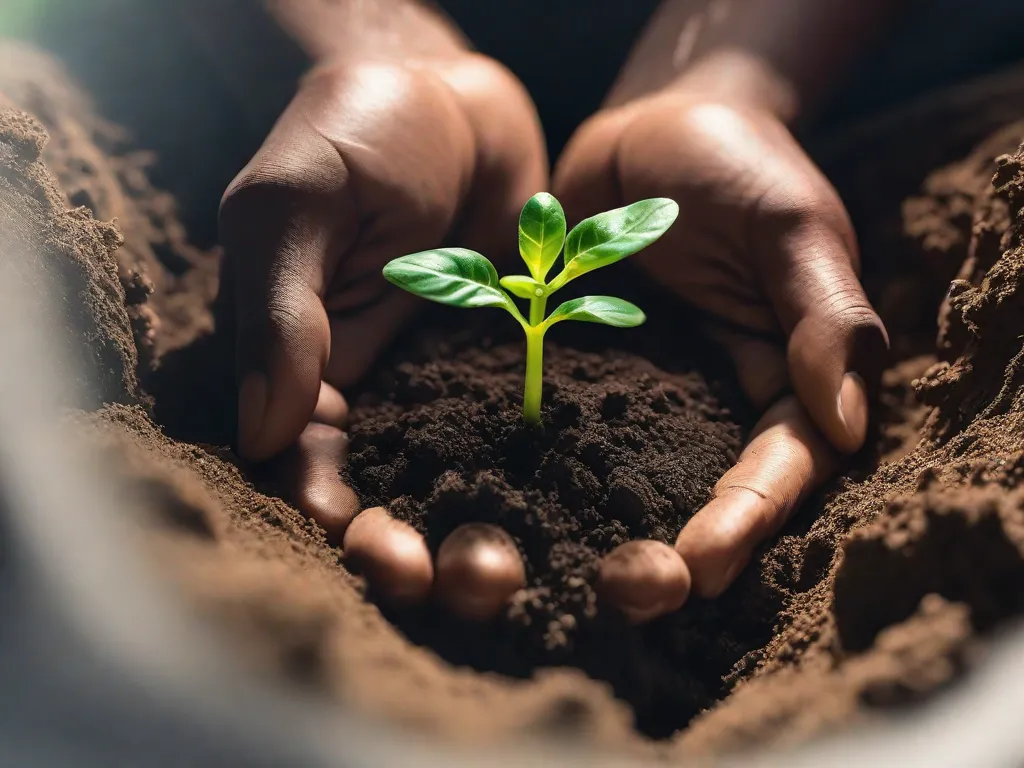 Uma imagem em close-up das mãos de uma pessoa segurando um pequeno broto emergindo do solo, simbolizando o crescimento pessoal e o desenvolvimento. A cor verde vibrante do broto representa novos começos e o potencial para transformação.