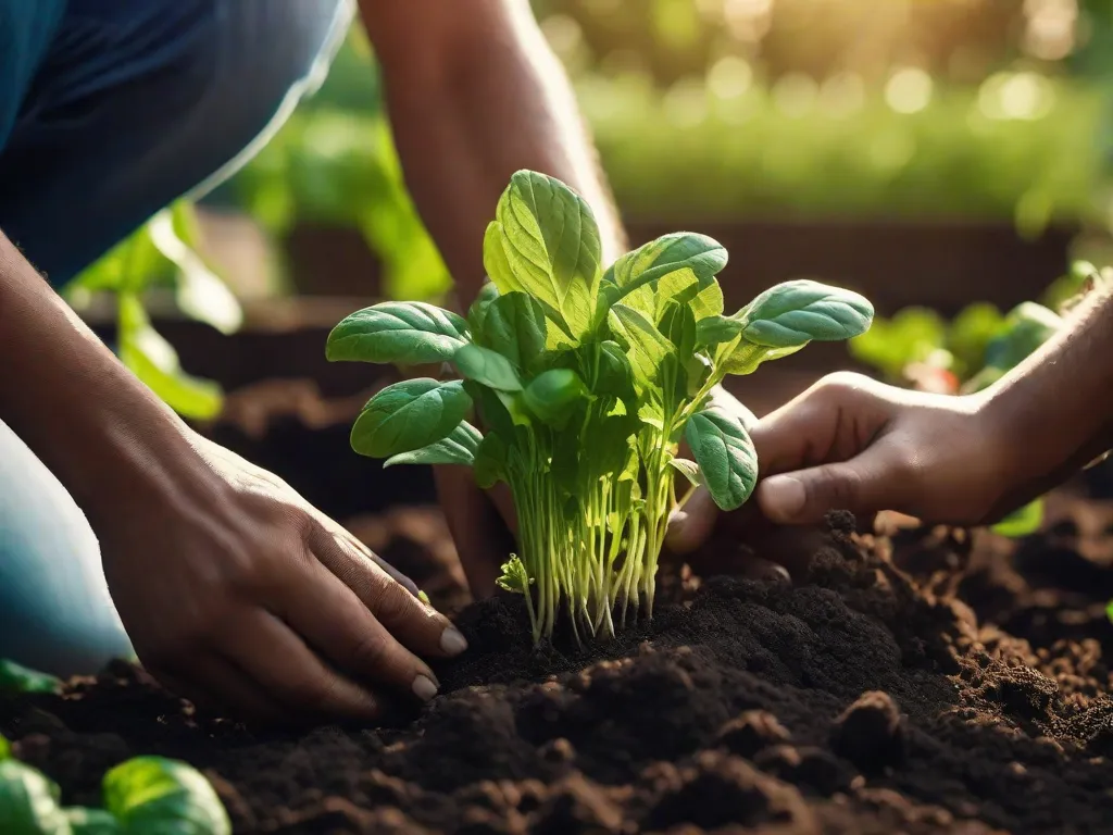 Uma imagem em close de um par de mãos plantando delicadamente ervas e vegetais verdes vibrantes em solo rico e nutritivo. A luz do sol penetra pelas folhas, mostrando a beleza da jardinagem orgânica e a conexão entre os seres humanos e a natureza.