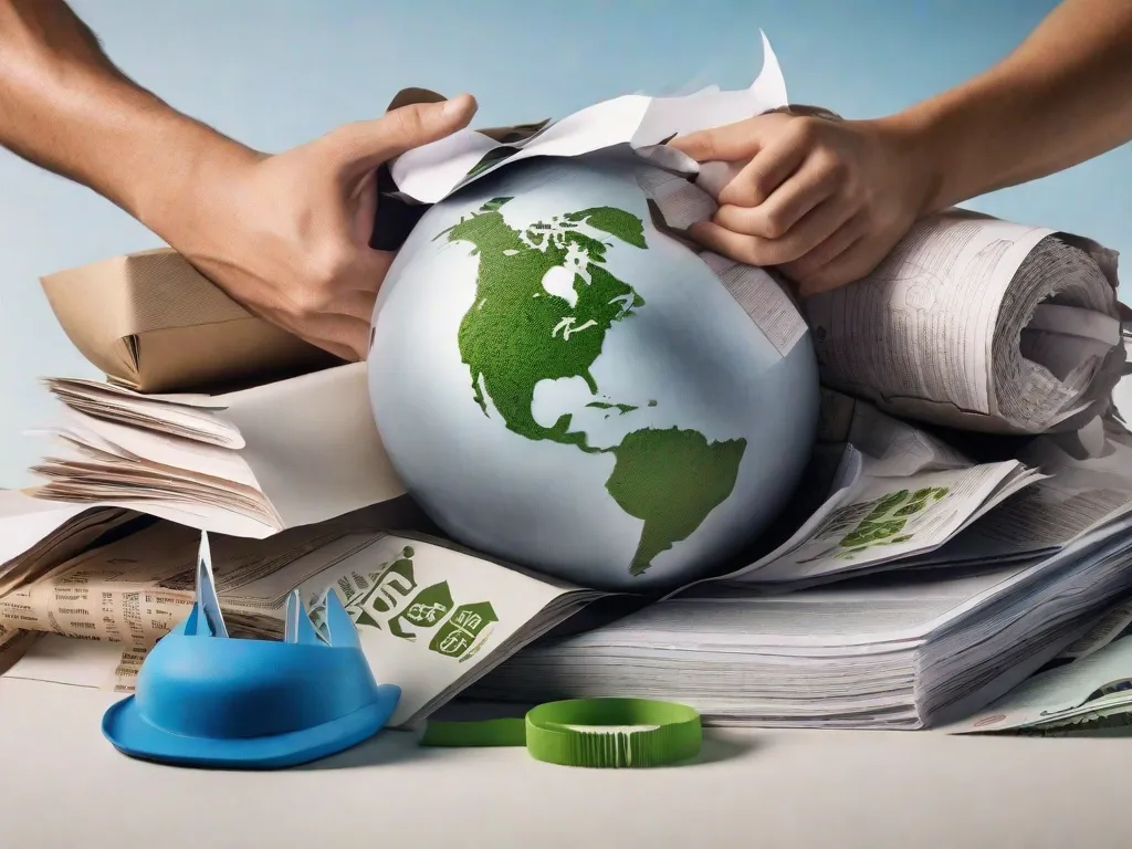 Uma imagem em close-up de um par de mãos segurando um monte de papel reciclado, destacando a importância da reciclagem na preservação dos recursos naturais e na redução de resíduos. As mãos estão rodeadas por diversos símbolos e ícones de reciclagem, simbolizando o impacto positivo da reciclagem no meio ambiente.