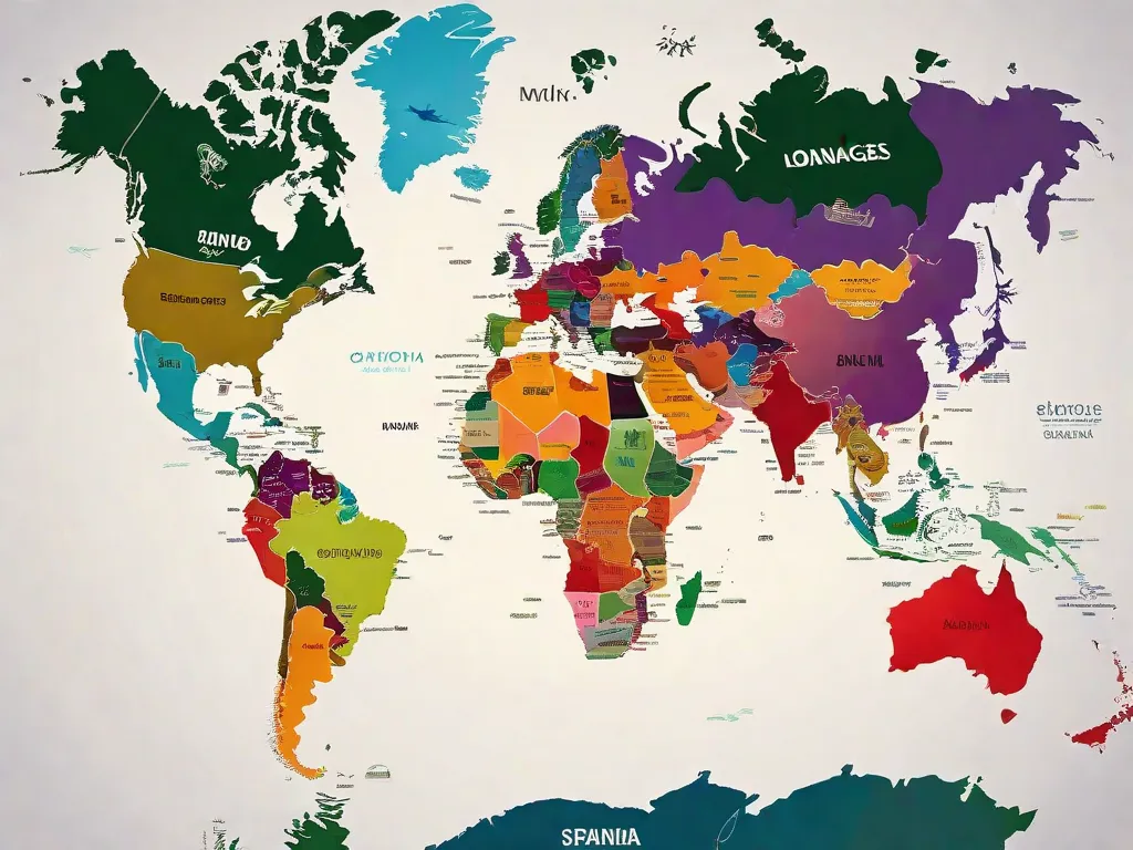 Uma imagem vibrante de um mapa-múndi colorido, com diferentes idiomas representados por palavras e frases escritas em várias fontes e estilos. O mapa simboliza a diversidade de idiomas falados ao redor do globo, destacando a beleza e a riqueza da comunicação cultural.