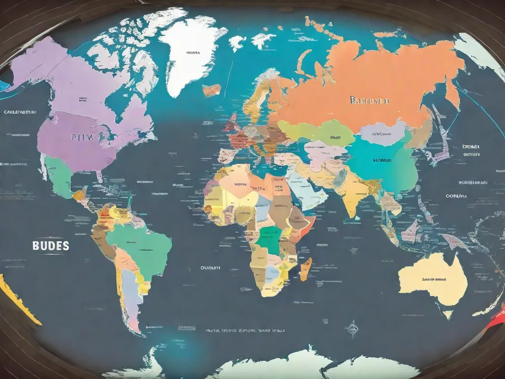 Um mapa do mundo com cores vibrantes representando diferentes regiões políticas. Cada país está rotulado com seu nome e as fronteiras são claramente definidas. A imagem mostra a diversidade do cenário político mundial, destacando as fronteiras e divisões que existem entre as nações.