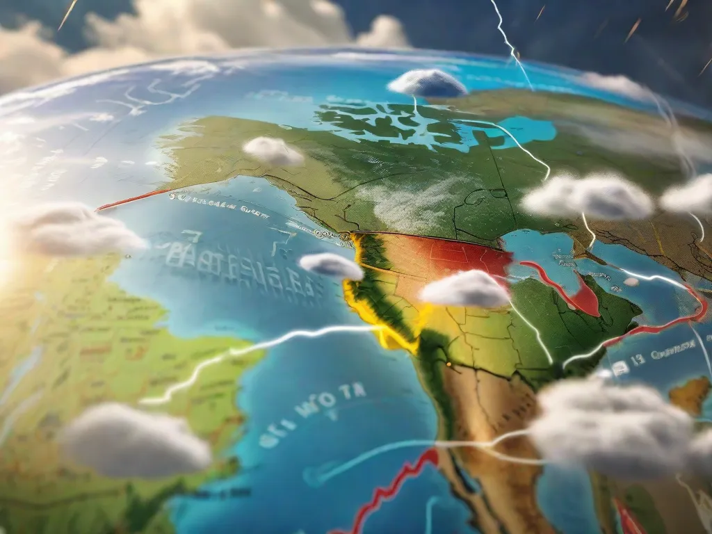 Uma imagem vibrante de um mapa do tempo, exibindo vários símbolos e cores que representam diferentes condições meteorológicas. Nuvens, sol, gotas de chuva e raios estão espalhados pelo mapa, mostrando a natureza dinâmica dos padrões climáticos e previsões.