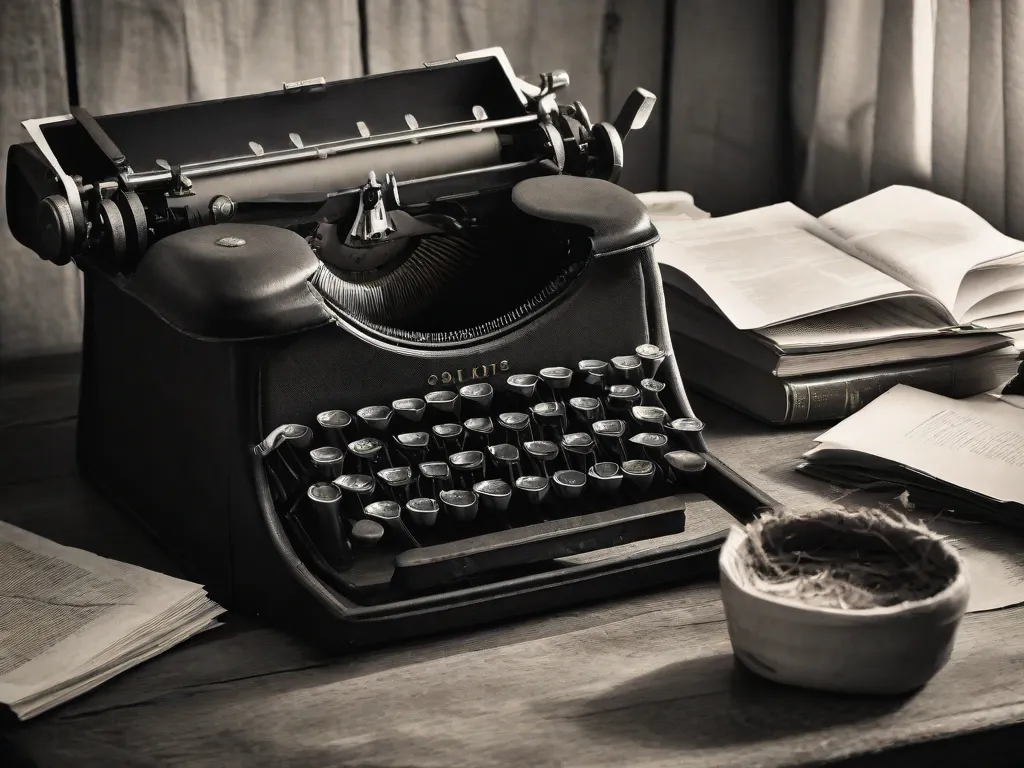 Uma fotografia em preto e branco de uma máquina de escrever desgastada, sentada em uma mesa de madeira, cercada por papéis amassados e uma pilha de livros antigos. A imagem captura a essência das biografias, simbolizando as inúmeras histórias esperando para serem escritas e compartilhadas, cada uma com sua própria jornada única e impacto no mundo.