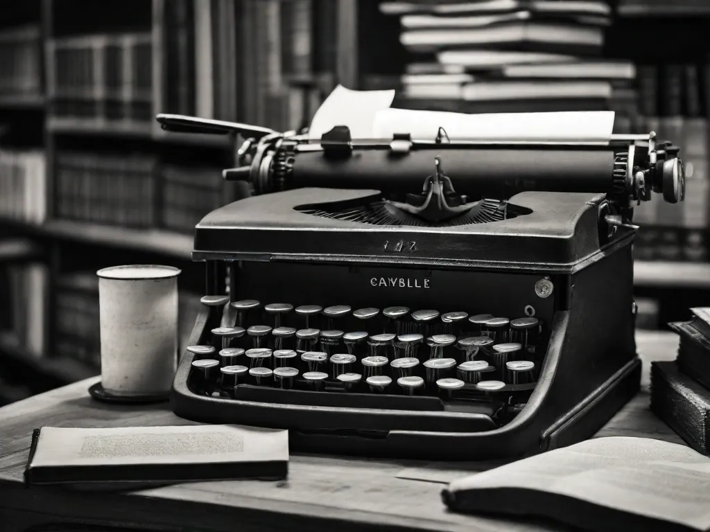 Uma fotografia em preto e branco de uma antiga máquina de escrever sentada em uma mesa de madeira. A máquina de escrever está cercada por pilhas de livros desgastados, representando a rica história dos autores cujas biografias foram escritas em suas teclas. A imagem captura a essência da narrativa e o poder das biografias em preservar e compartilhar as vidas de pessoas