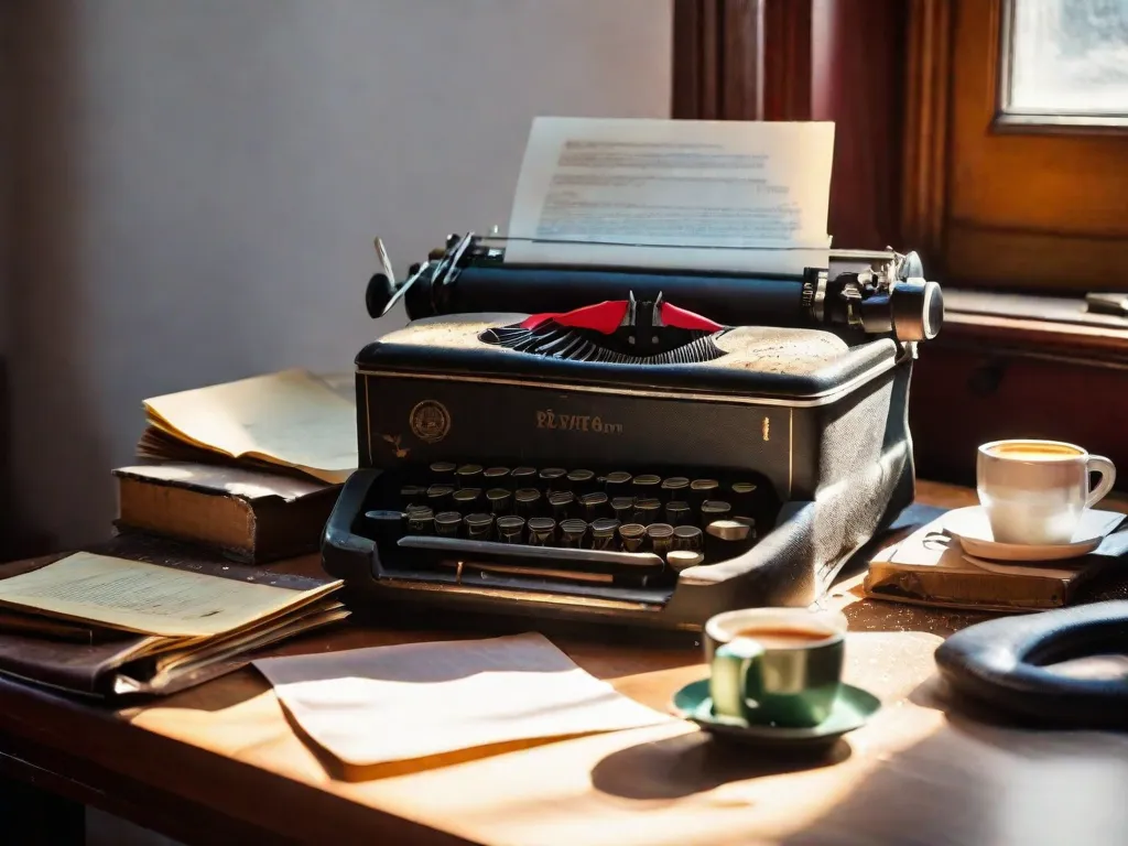 Descrição da imagem: Um close de uma máquina de escrever desgastada, com suas teclas cobertas de poeira. A máquina vintage está em cima de uma mesa de madeira, rodeada por pilhas de papéis e uma xícara de café fumegante. Raios de sol atravessam a janela, lançando um brilho quente sobre a máquina de escrever, evocando uma sensação de nostalgia