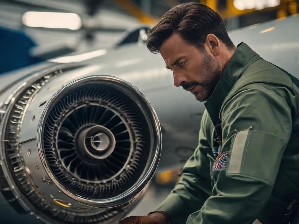 Uma imagem em close-up de um habilidoso mecânico de aeronaves usando equipamentos de proteção, inspecionando meticulosamente o motor de um avião comercial. A expressão concentrada do mecânico e os detalhes intricados das peças do motor destacam a importância da manutenção de aeronaves para uma viagem aérea segura e eficiente.