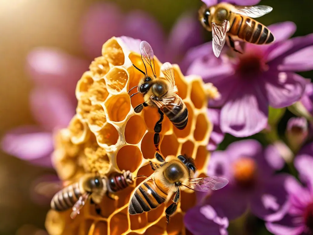 Descrição da imagem: Uma fotografia em close-up de uma colmeia cheia de mel dourado. Abelhas podem ser vistas zumbindo ao redor, coletando néctar e polinizando flores. As cores vibrantes das flores ao redor da colmeia adicionam um toque bonito à imagem, simbolizando as propriedades naturais de cura da apiterapia.