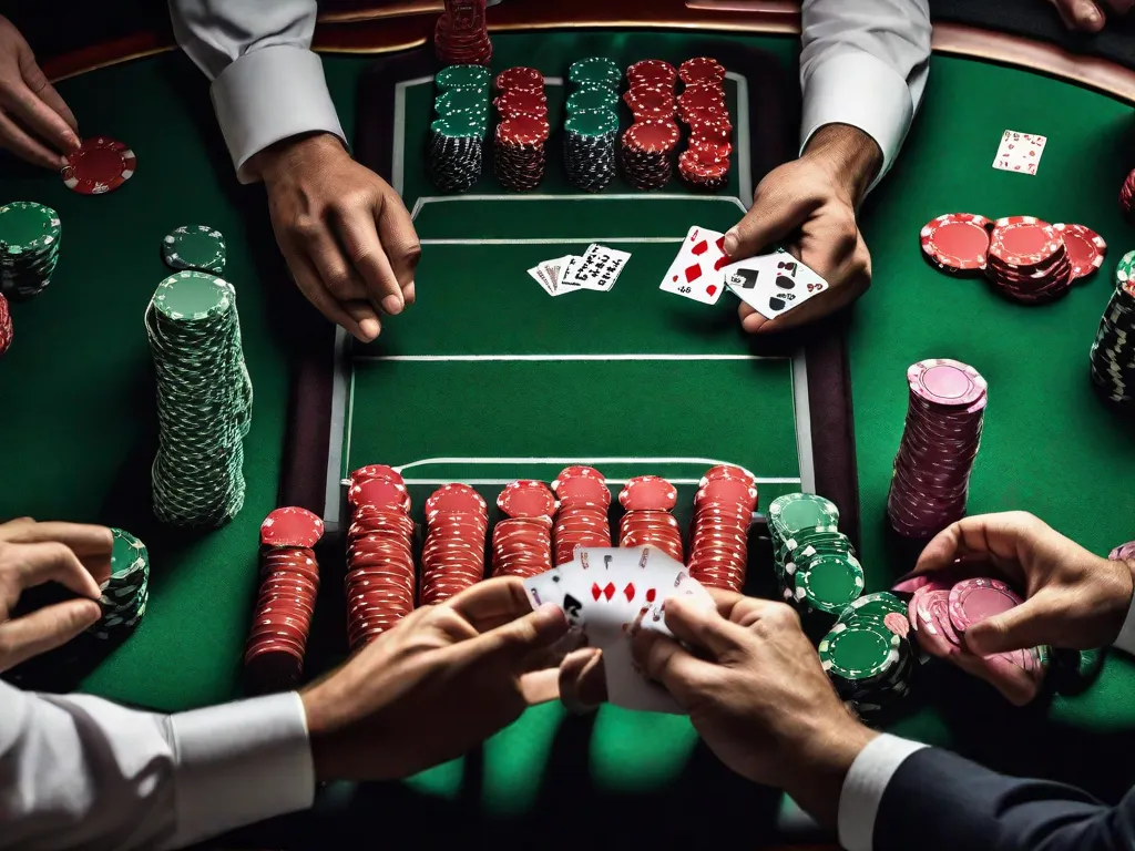Uma imagem em close-up de uma mesa de pôquer com uma superfície verde de feltro, cercada por jogadores em intensa concentração. As fichas estão empilhadas de forma organizada em diferentes cores, refletindo as apostas variadas. As mãos do dealer estão habilmente embaralhando o baralho, prontas para mais uma emocionante rodada de cartas.