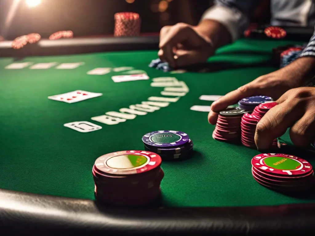 Uma imagem em close-up de uma mesa de poker de feltro verde, com uma pilha de fichas coloridas de poker em primeiro plano. A mesa está cercada por jogadores intensos, seus rostos exibindo uma mistura de concentração, antecipação e empolgação. A imagem captura a essência de um emocionante jogo de poker em andamento.