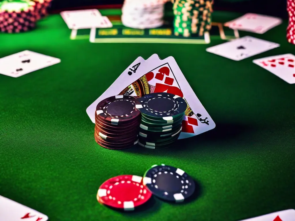 Uma imagem em close-up de uma mesa de pôquer, com uma superfície vibrante de feltro verde e um baralho de cartas espalhadas por ela. A mesa está cercada por jogadores intensos, seus rostos cheios de concentração e antecipação. A imagem captura a atmosfera emocionante de um jogo de pôquer de alto risco.