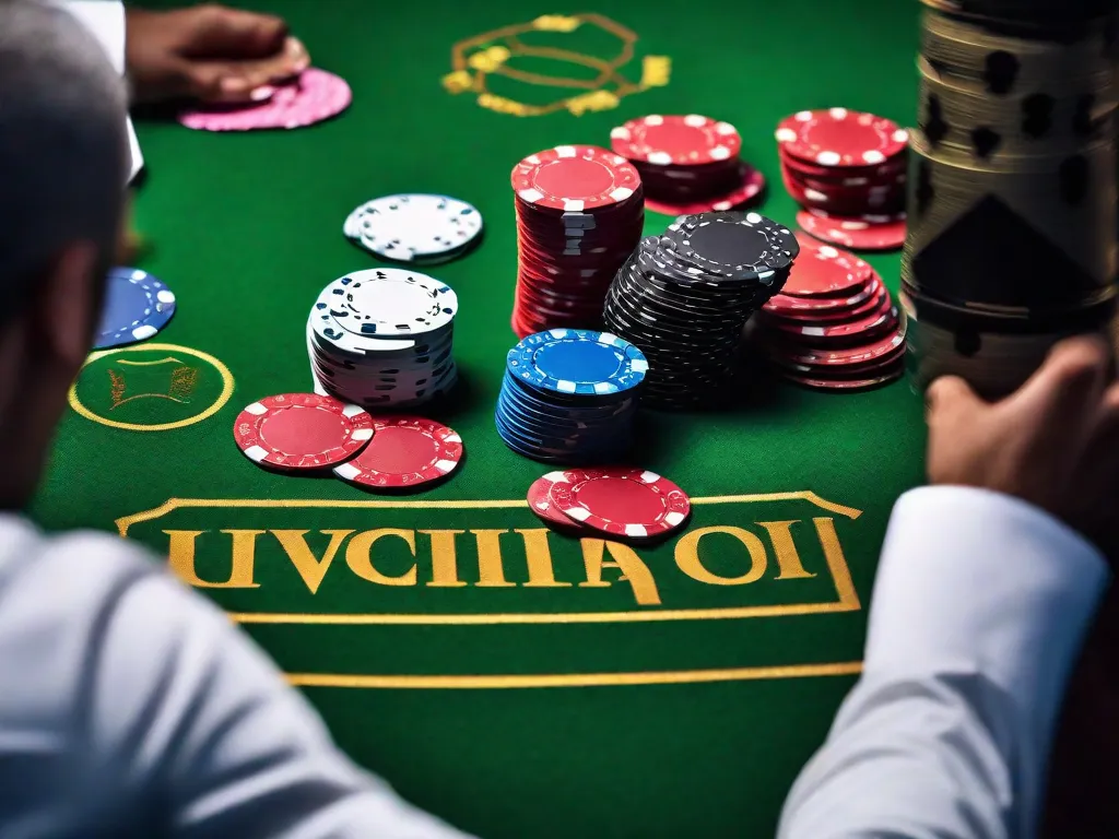 Uma imagem em close-up de uma mesa de pôquer, coberta por um feltro verde vibrante. A mesa está cercada por jogadores, seus rostos tensos de antecipação enquanto estudam cuidadosamente suas cartas. Fichas de várias cores estão empilhadas em pilhas arrumadas, criando um contraste visualmente marcante contra a madeira escura da mesa.