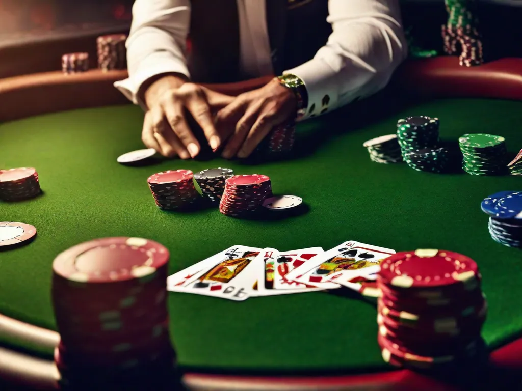 Uma imagem em close-up de uma mesa de pôquer, com uma superfície de feltro verde vibrante e uma pilha de fichas coloridas espalhadas sobre ela. Dois jogadores estão envolvidos em um jogo intenso, cada um usando uma expressão séria, suas mãos estrategicamente colocando cartas na mesa. A tensão no ar é palpável.