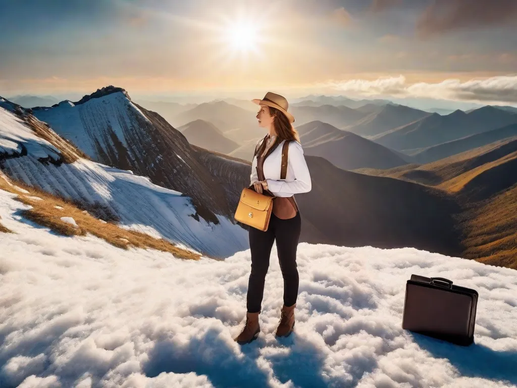 Tema: Independência Financeira

Descrição: Uma imagem de uma mulher em pé com confiança no topo de uma montanha, com uma pasta na mão e um passaporte na outra. O sol está brilhando, simbolizando sucesso e liberdade, enquanto a montanha representa a jornada em direção à independência financeira.