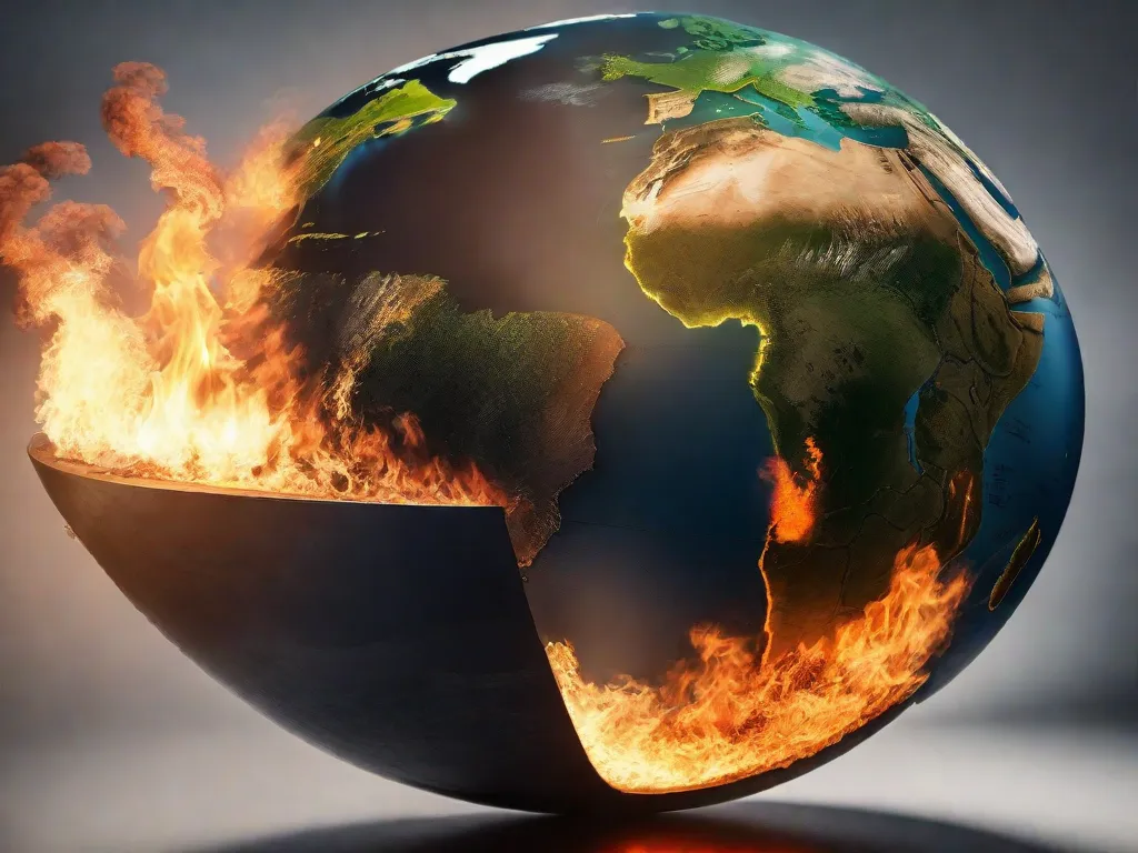 Uma imagem de um globo cercado por nuvens tempestuosas, simbolizando o impacto das mudanças climáticas no mundo. No primeiro plano, há políticos envolvidos em um debate acalorado, representando as discussões políticas e decisões que moldam nossa resposta à crise climática.