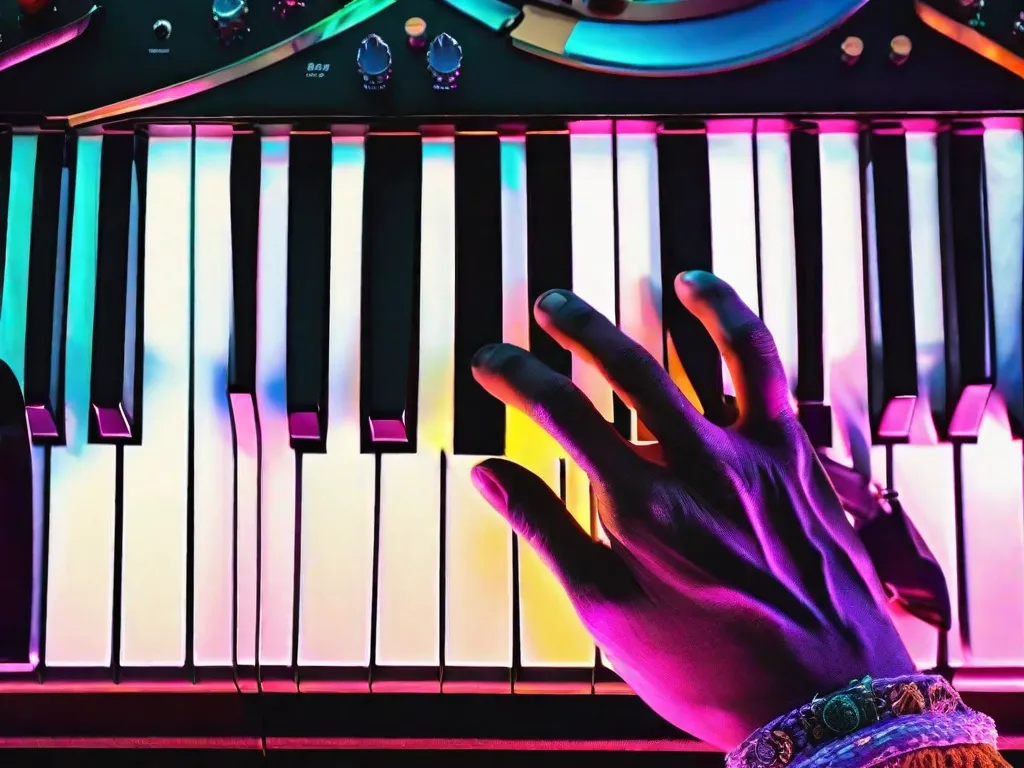 Uma imagem em close das mãos de um músico tocando uma melodia única e intricada em um instrumento colorido e não convencional. Os dedos do artista dançam graciosamente pelas teclas, produzindo uma sinfonia de sons vibrantes que incorporam a essência da música criativa.