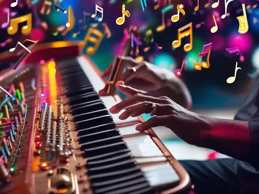 Uma imagem em close das mãos de um músico tocando apaixonadamente um instrumento único e não convencional, cercado por uma vibrante variedade de notas musicais coloridas flutuando no ar. A imagem captura a essência da criação musical, ultrapassando limites e abraçando a beleza dos sons não convencionais.