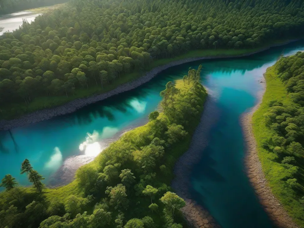 Uma deslumbrante fotografia aérea captura uma vasta extensão de natureza intocada, mostrando o poder da tecnologia de sensoriamento remoto. A imagem revela detalhes intricados da paisagem, desde colinas ondulantes e rios sinuosos até florestas densas e lagos brilhantes, oferecendo uma perspectiva única sobre a beleza natural do nosso planeta.