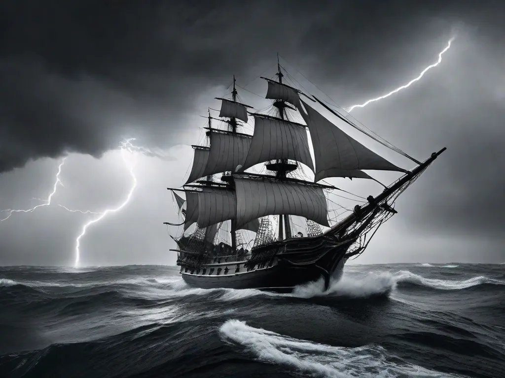 Uma imagem em preto e branco retrata um navio pirata robusto navegando por mares tempestuosos. As velas rasgadas do navio se enchem de vento enquanto os relâmpagos iluminam o céu escuro. Um grupo de piratas ferozes está no convés, suas espadas erguidas, prontos para conquistar o desconhecido.