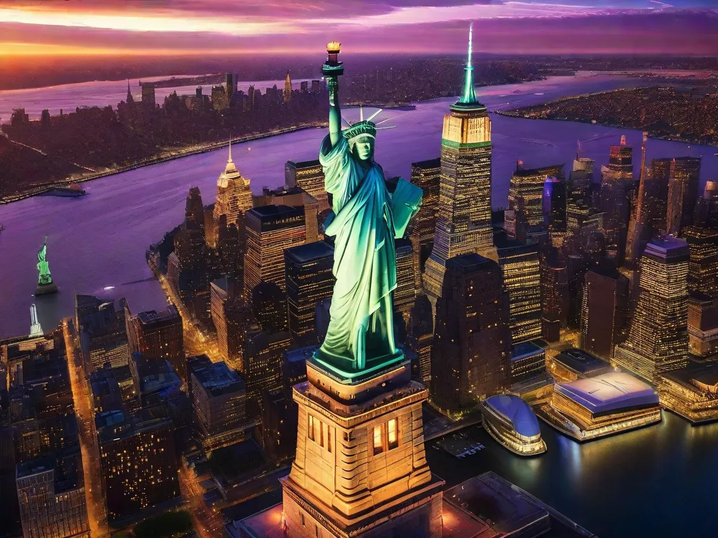 Uma imagem vibrante da icônica linha do horizonte da cidade de Nova York, com seus arranha-céus imponentes e a Estátua da Liberdade ao fundo. As ruas movimentadas abaixo mostram a diversidade e energia dos Estados Unidos, representando sua rica cultura, oportunidades e estilo de vida urbano.