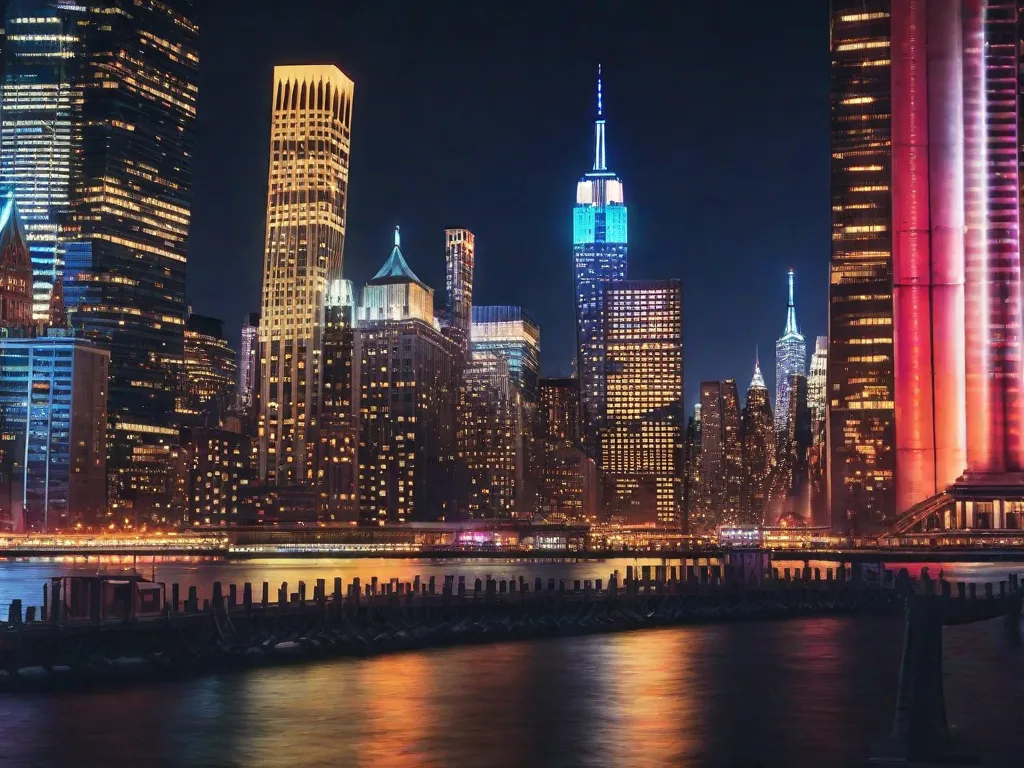Uma imagem vibrante da linha do horizonte da cidade de Nova York à noite, mostrando os arranha-céus icônicos e as ruas iluminadas. As luzes da cidade criam um espetáculo deslumbrante, representando a energia e a diversidade dos Estados Unidos.