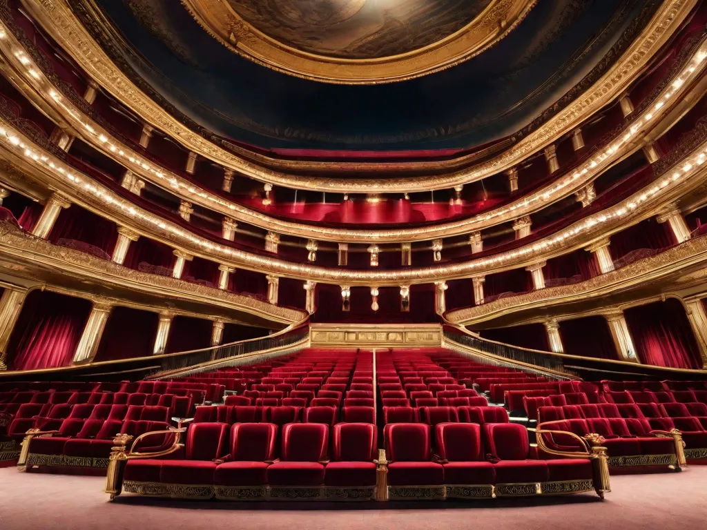 Um magnífico teatro de ópera ergue-se imponente, adornado com detalhes arquitetônicos intricados. A entrada principal exibe uma escadaria luxuosa, levando ao suntuoso auditório repleto de poltronas de veludo vermelho. O palco está iluminado, aguardando as performances encantadoras que transportarão a plateia para um mundo de música e drama.