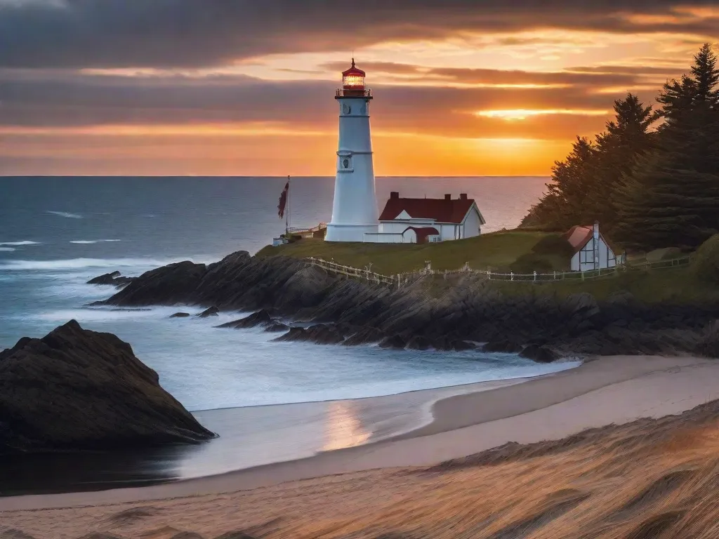 Descrição: Uma imagem cativante que mostra uma paisagem costeira serena ao entardecer. O sol dourado se põe atrás de um farol pitoresco, lançando um brilho quente sobre o oceano tranquilo. A cena evoca uma sensação de mistério e romance, capturando perfeitamente a essência da envolvente narrativa de Lucinda Riley.