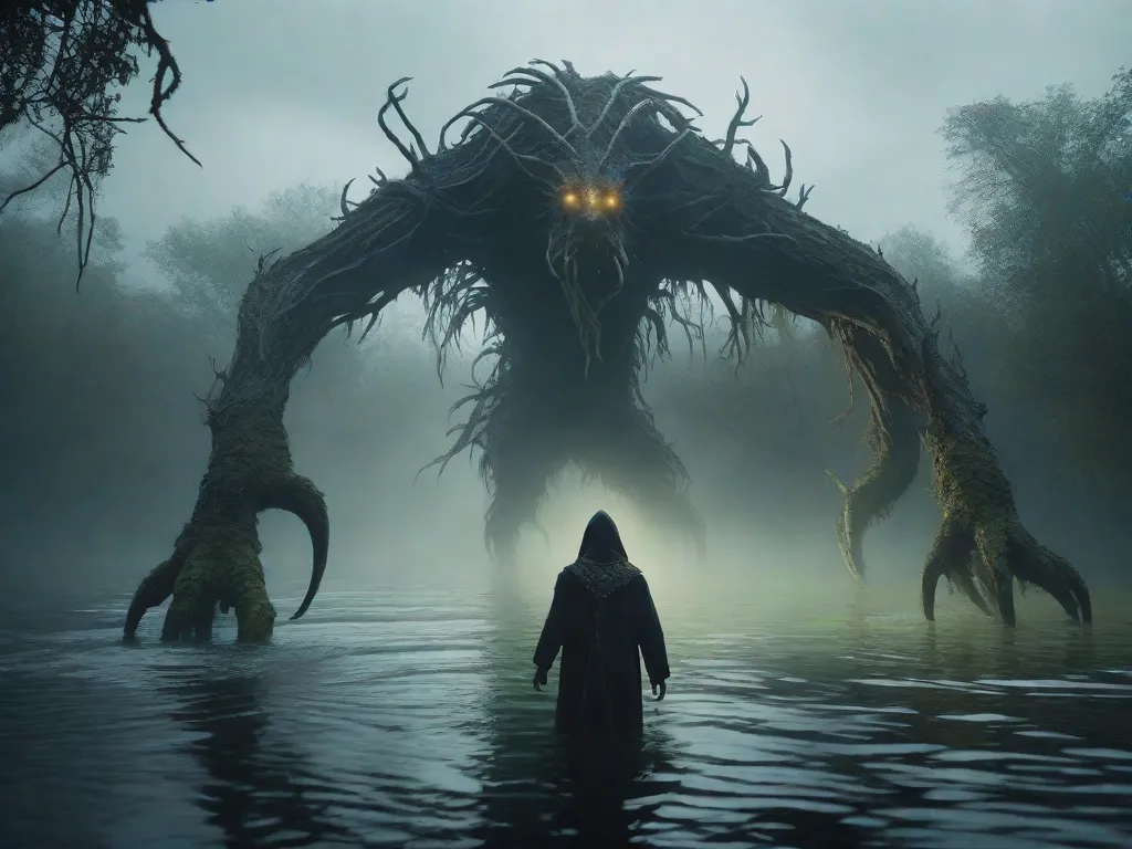 Descrição: Uma imagem escura e assustadora de um pântano denso, envolto em névoa. No primeiro plano, uma criatura monstruosa com galhos retorcidos como membros e olhos brilhantes emerge das águas turvas, exalando uma aura de mistério e perigo.