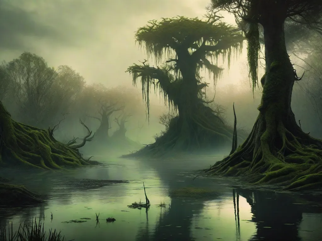 Descrição da imagem: Um pântano misterioso e assustador se estende diante de nós, envolto em névoa. Árvores enormes e retorcidas se erguem das águas turvas, seus galhos retorcidos se estendendo em direção ao céu escurecido. No centro do pântano, uma criatura monstruosa com pele coberta de musgo e olhos verdes