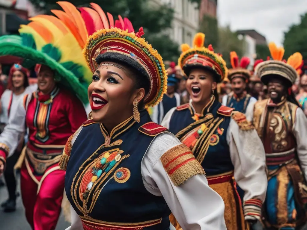 Uma imagem vibrante mostrando um grupo diversificado de indivíduos de diferentes culturas, vestidos com trajes tradicionais, envolvidos em uma discussão animada. Eles estão cercados por obras de arte coloridas, representando a rica tapeçaria das expressões culturais. A imagem captura a essência dos direitos culturais, promovendo inclusão, diversidade e celebração do patrimônio.