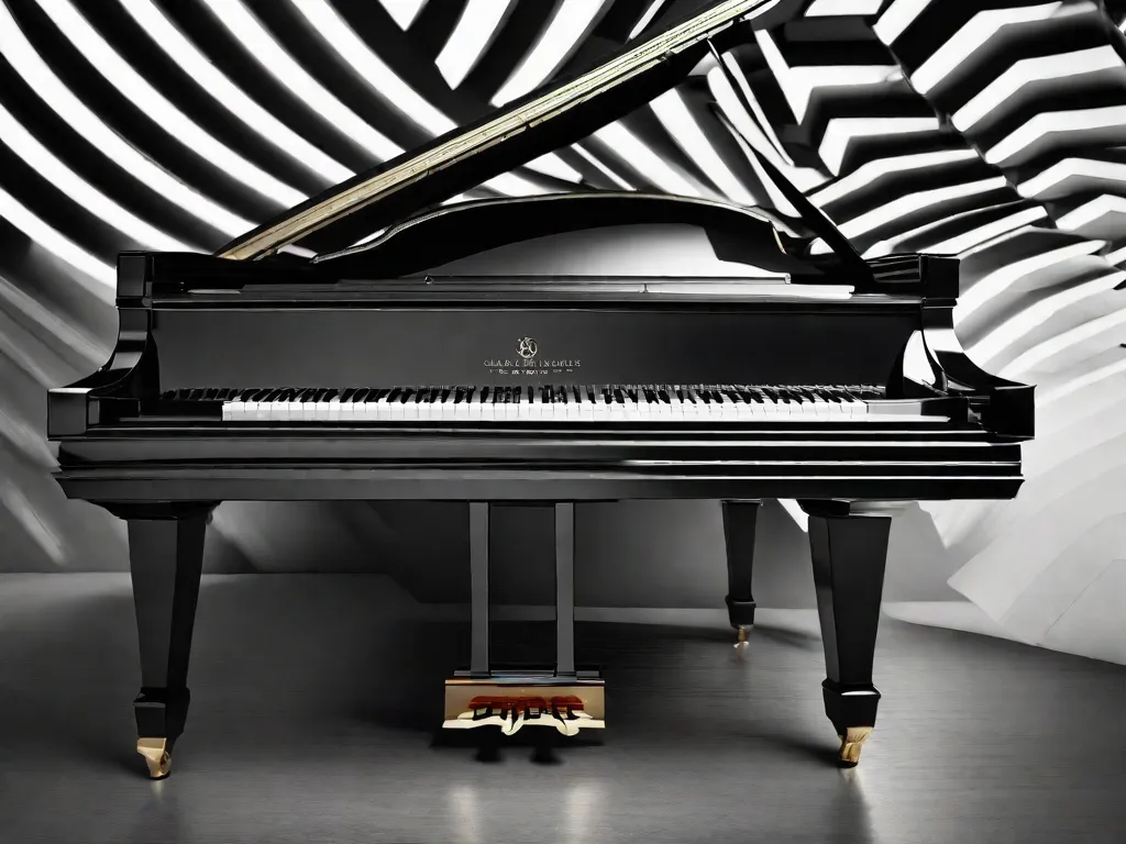 Uma imagem em close-up de um piano de cauda, com as teclas lindamente iluminadas por um holofote. O contraste entre o preto e o branco destaca a elegância e sofisticação do instrumento, simbolizando a arte e a criatividade envolvidas na composição musical.