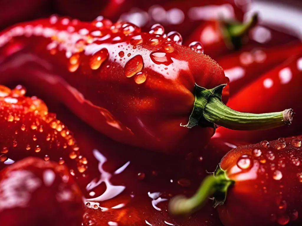 Uma imagem vibrante de uma pimenta vermelha e ardente, brilhando com gotas de água, exalando calor e pimenta. A cor ardente e a textura intensa da pimenta servem como uma representação visual das temperaturas escaldantes associadas ao tema 